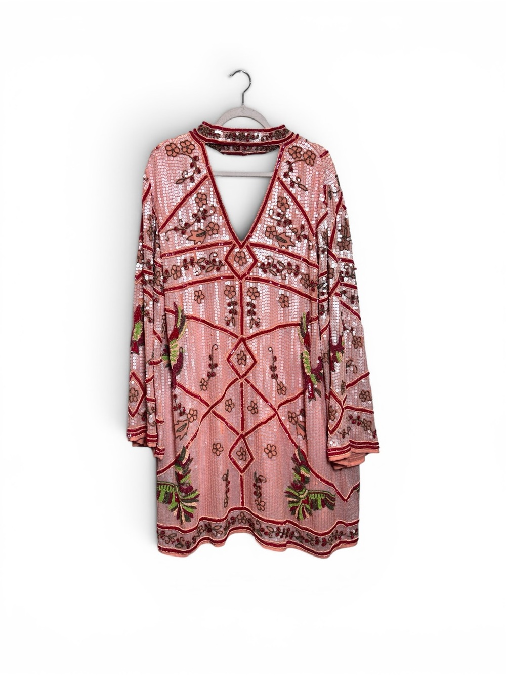 Stunning Embellished Beaded Pink V-Neck Tunic Dress
